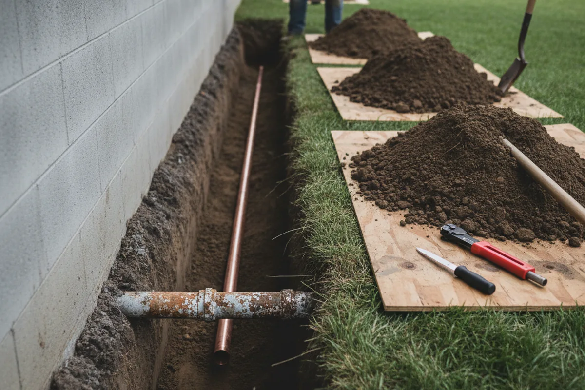 Excavated water line trench during Water Softener Installation in Musella